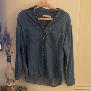 Zara 100% cotton denim look button down shirt